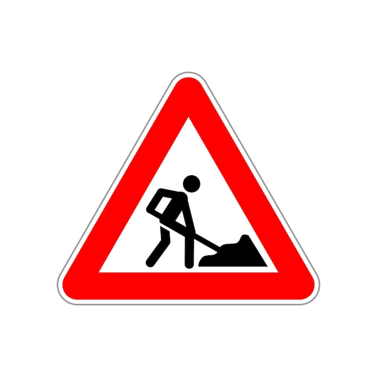 Vector man aan het werk-pictogram op het driehoekige rode en witte verkeersbord op wit