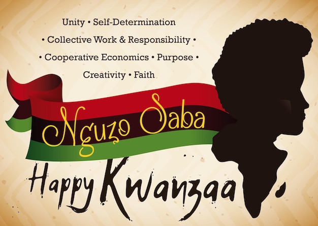 Man and africa silhouette flag and the seven principles of african heritage or nguzo saba of kwanzaa