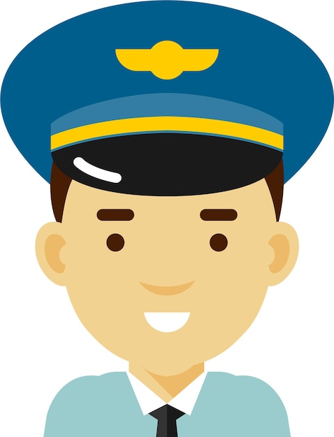 man airliner aircraft pilot in flight uniform and cap icon avatar portrait face in flat style