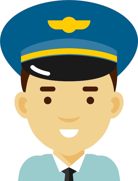 Man airliner aircraft pilot in flight uniform e cap icon avatar portrait face in flat style