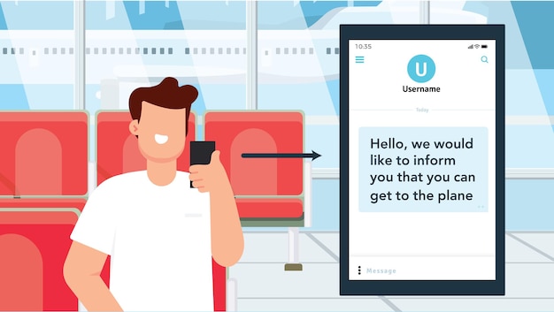 Vettore un uomo all'aeroporto riceve un messaggio sul suo telefono. premio di vettore