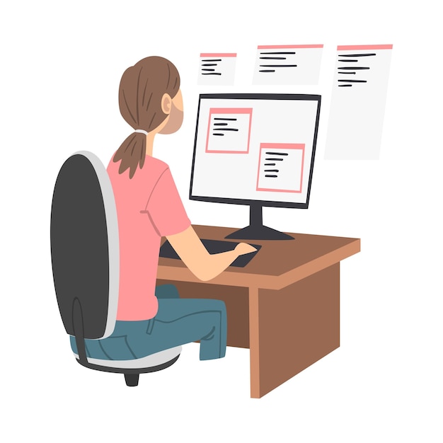 Man als softwareontwikkelaar of programmeur die zich bezighoudt met codering in serverside framework op computervectorillustratie