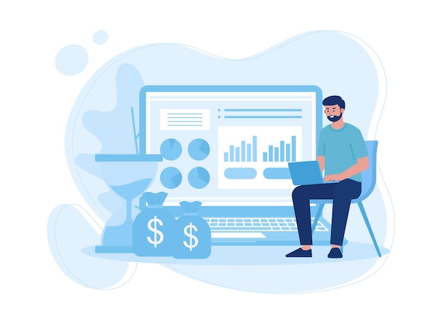 a man analyzes growth charts diagrams and money concept flat illustration