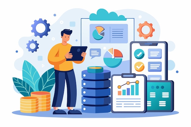 Man Analyzing Stacks of Data A man maintenance big data applications via smartphone data processing software database management Simple and minimalist flat Vector Illustration