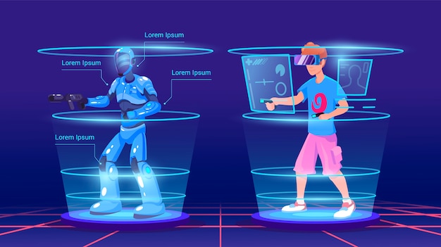 Вектор Человек и его виртуальный персонаж в игре в доспехах. иллюстрация видеоигр. технология виртуальной реальности smart gaming. концептуальные vr-игры в неоновом стиле. человек, носящий гарнитуру виртуальной реальности.