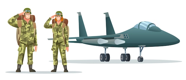 Мужчина и женщина солдат армии, несущие рюкзаки персонажей с военным реактивным самолетом