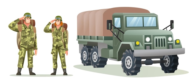 Солдат армии мужчины и женщины, несущие рюкзаки персонажей с военным грузовиком