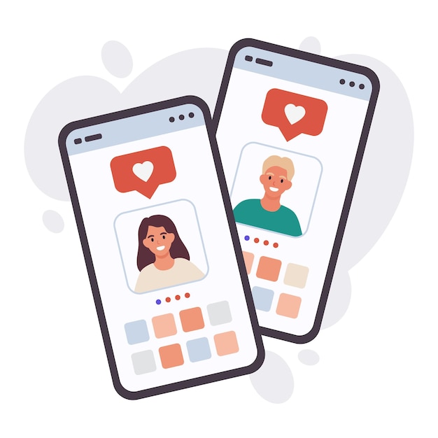 ベクトル 男と女のラブ チャット デート アプリでスマートフォンをチャットするスマートフォン画面のフラット ベクトル図でロマンチックな会話に一致します