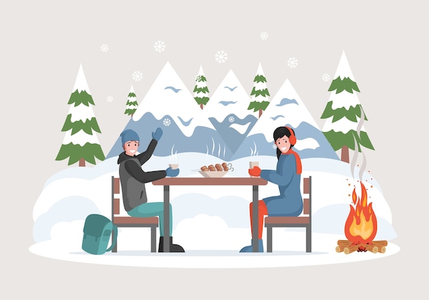 벡터 따뜻한 옷을 입고 남자와 여자 야외 캠프 파이어 근처에 앉아