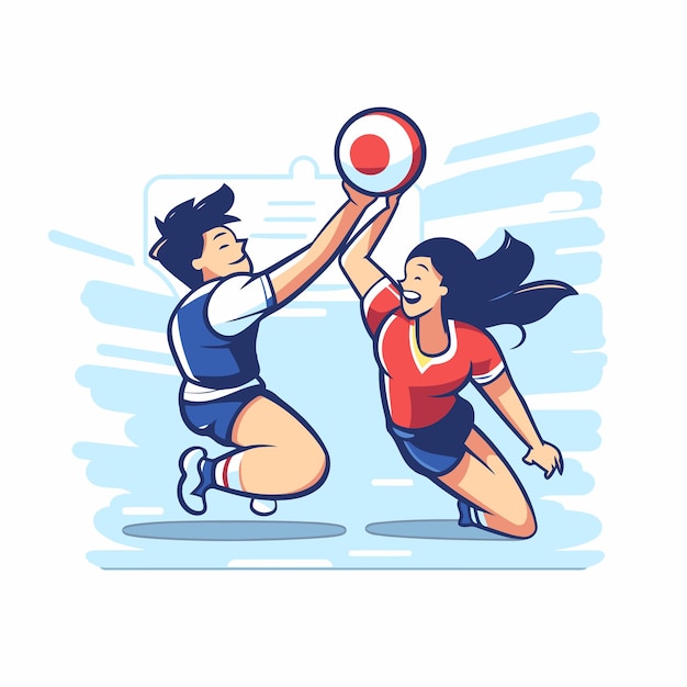 벡터 배구 를 하는 남자 와 여자 배구 선수 들 의 행동 만화 터 일러스트레이션