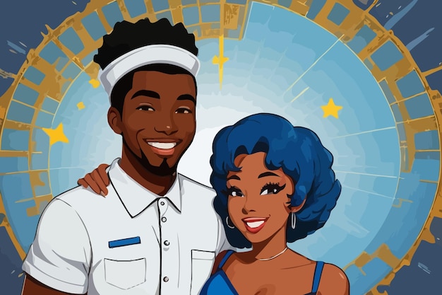 Вектор Мужчина и женщина улыбаются и работают синие тона только в фоновом мультфильме иллюстрация