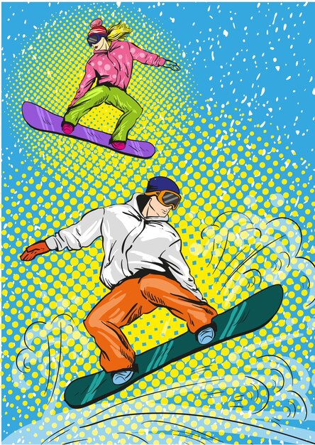 Вектор Мужчина и женщина катаются на сноуборде в горах векторная иллюстрация в стиле поп-арт ретро концепция зимнего спорта спортик прыгает на сноуборде