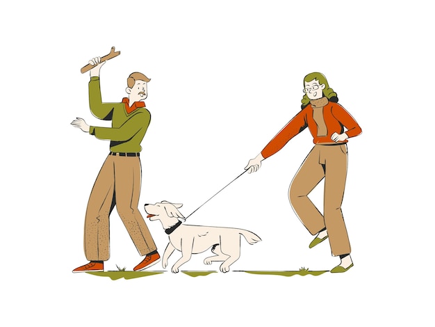 ベクトル リードに犬を連れて歩いている男性と女性の漫画のベクトル図