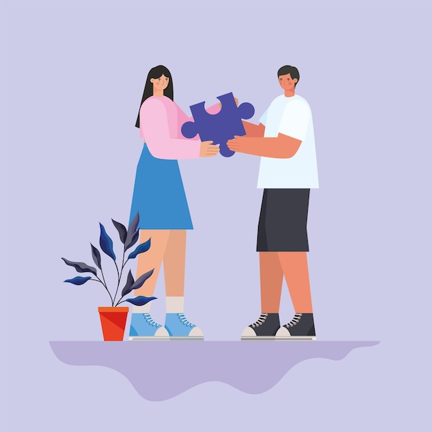 Вектор Мужчина и женщина с фиолетовым пазлом и иллюстрацией растений