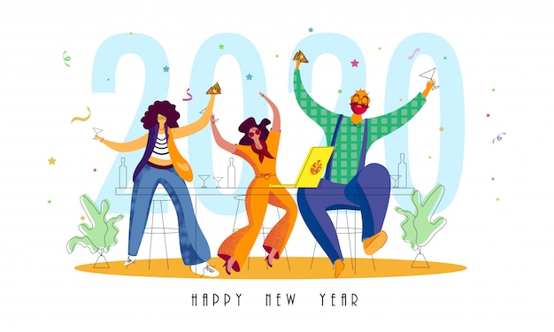 ベクトル 2020新年あけましておめでとうございますの日にピザとドリンクで祝う男女