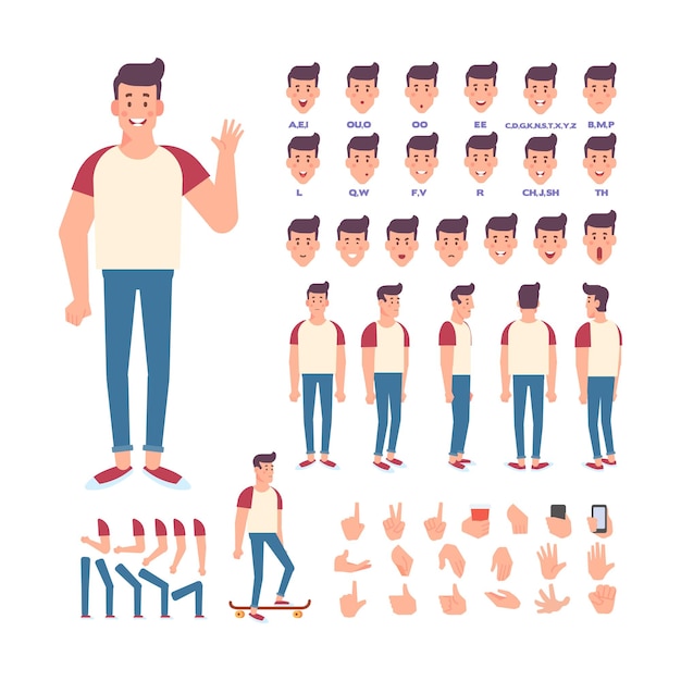 Man for animation with various hairstyles emotions lip sync and gestures Front side back view vector