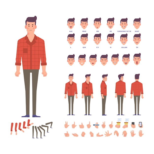 Vector man for animation with various hairstyles emotions lip sync and gestures front side back view vector