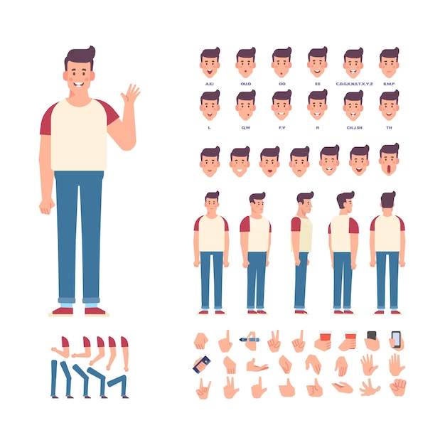 Man for animation with various hairstyles emotions lip sync and gestures front side back view vector