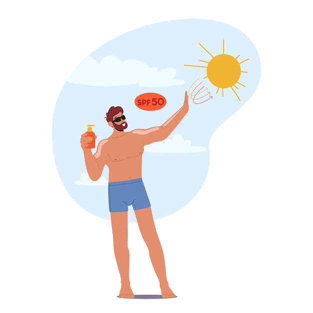 Vector man applies sunscreen to protect skin from harmful uv rays while enjoying beach day male ensuring skin safety