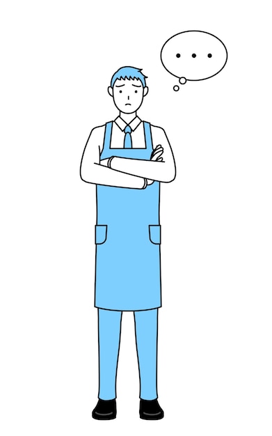 A man in an apron arms crossed thinking