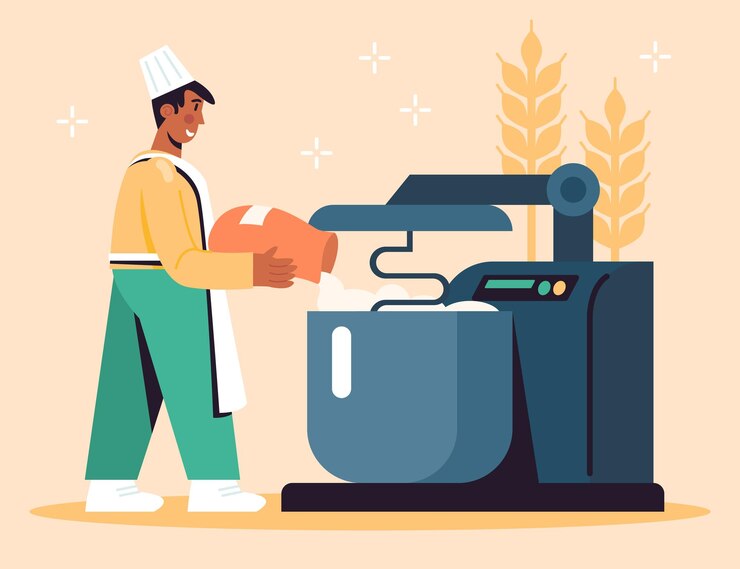 Vector man in apron pouring flour into dough machine