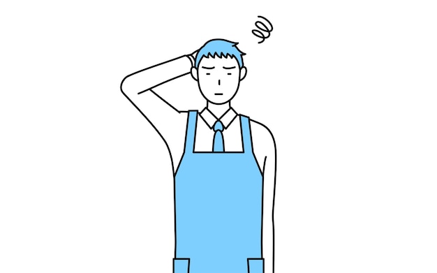 A man in an apron scratching his head in distress