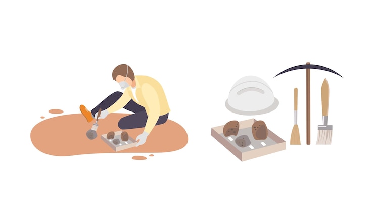 Vector man archaeologist with tool searching for material remains vector set