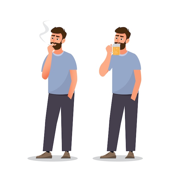 Вектор Мужчина курит сигарету и пьет пиво. здоровая концепция, иллюстрированный мультипликационный персонаж