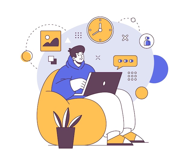 Vector man in armchair working on laptop freelancer