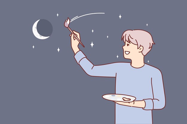 man artist paints evening sky with moon and stars dreaming of traveling around galaxy