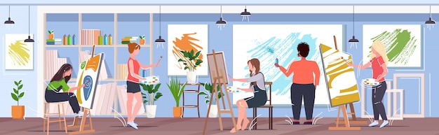 Vector man artists using aerosol spray women with paintbrush drawing pictures painters working together creative occupation concept modern art studio interior horizontal banner