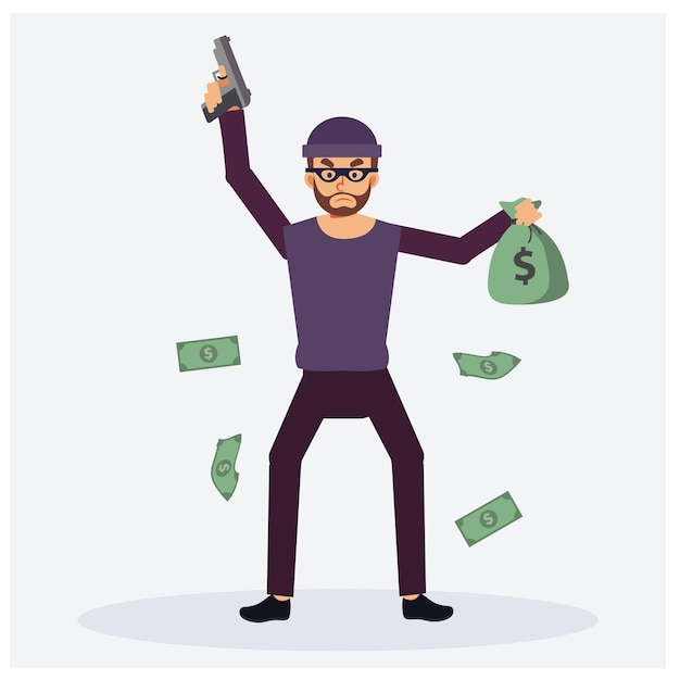 Vector a man as a bad guy with his gun is robbery. one hand holding bas of money. floating arround by bank note, flat vector cartoon character illustration