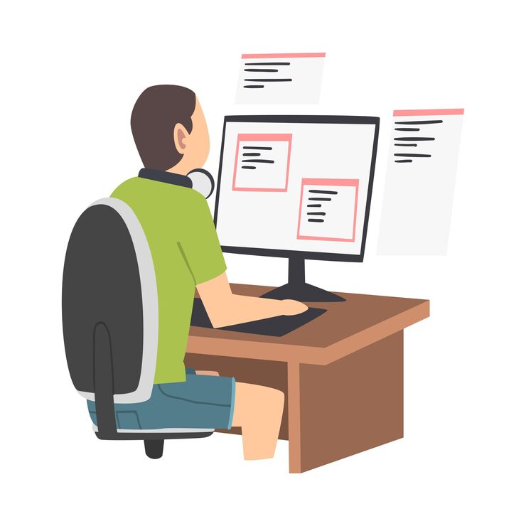 Vector man as software developer or programmer engaged in coding in serverside framework on computer vector illustration