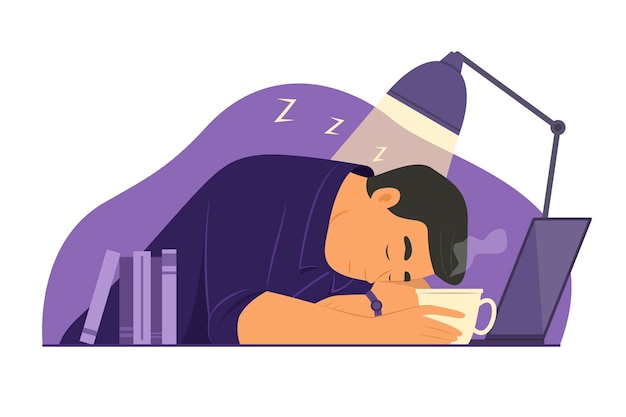 Vector man asleep at work on night time concept illustration