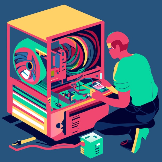 Vector a man assembles a rgb desktop computer vector illustration