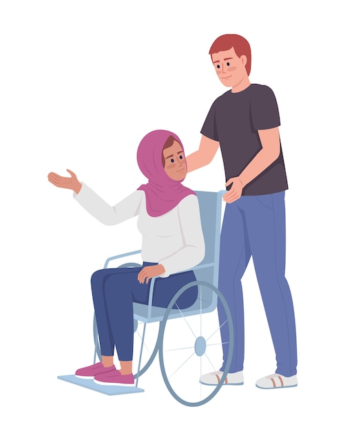 Man assists lady with disability semi flat color vector characters