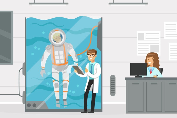 Vector man astronaut preparing for space flight plunging into water basin in spacesuit vector illustration