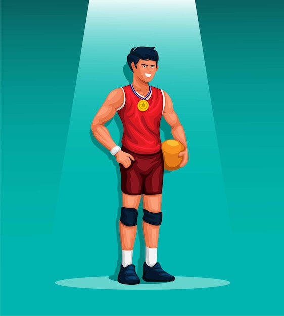 Man athlete volley sport holding ball with gold medal character figure illustration vector