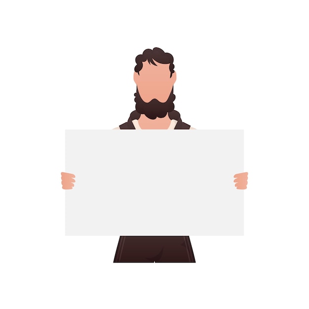 Vector a man of athletic build stands waistdeep and holds an empty sign in his hands isolated cartoon style