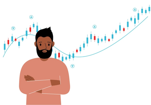 Vector a man on the background of a forex chart conceptual illustration on the topic of strategic planning in trading on the stock exchange