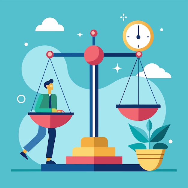 Vector a man balances on a scale with a clock on top symbolizing time and balance working with time constraints simple and minimalist flat vector illustration