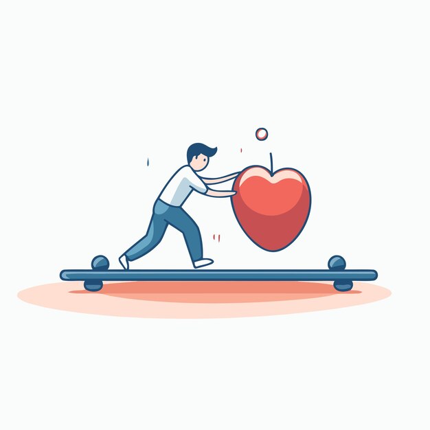 Uomo in equilibrio su un altalena con un cuore rosso illustrazione vettoriale piatta