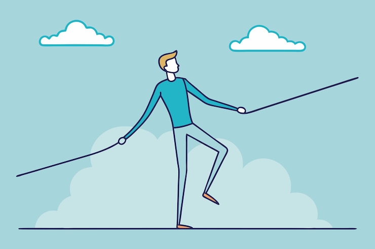 Vector man balancing and walking on tight rope e
