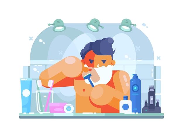 L'uomo in bagno con il rasoio si rade la mattina del viso. illustrazione piatta
