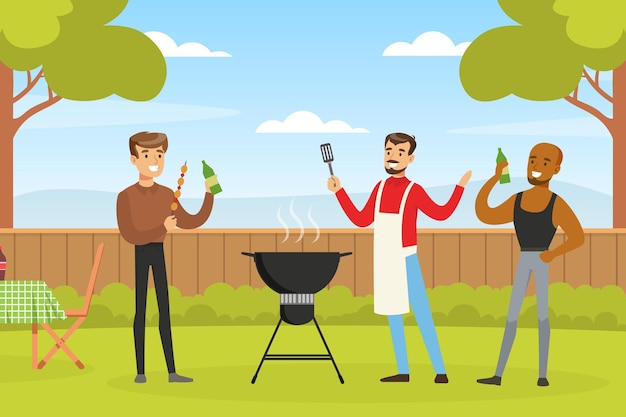 man on bbq picnic eating outdoors and cooking grilled meat on barbecue grill vector illustration