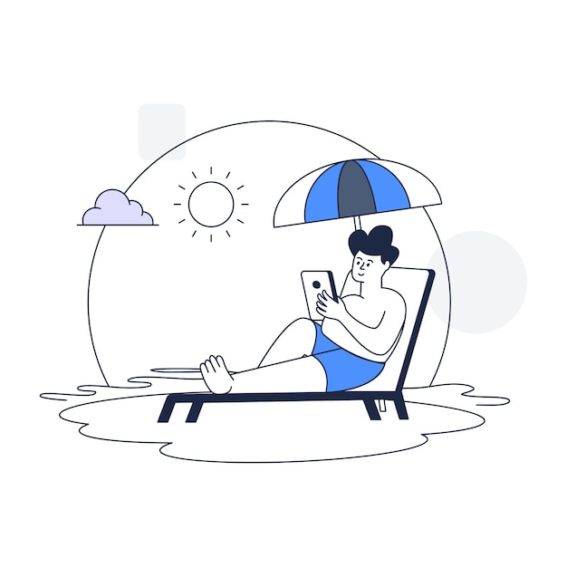 Man on a beach enjoying holiday, outline illustration