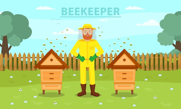 ベクトル 2つの巣箱の間の黄色の防護服の男養蜂家。