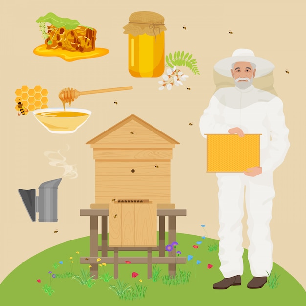 Man beekeer with bee house icons