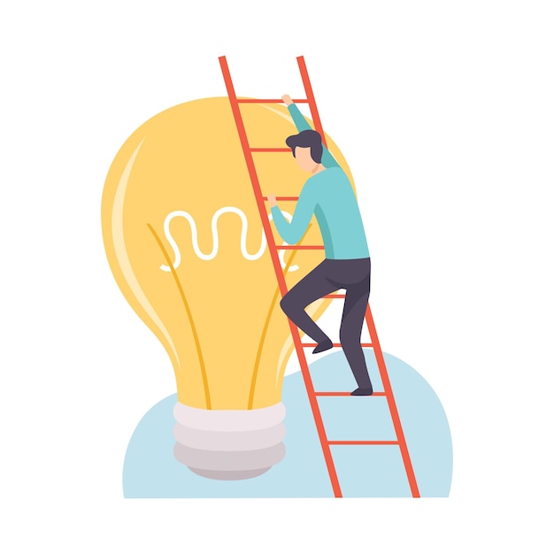 Vector man beklimt ladder naar grote brandende gloeilamp brainstorming innovatie creativie denken concept vector illustratie op witte achtergrond