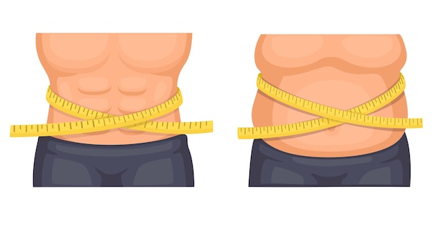 Vector man belly fit and fat comparison with ribbon ruler illustration vector